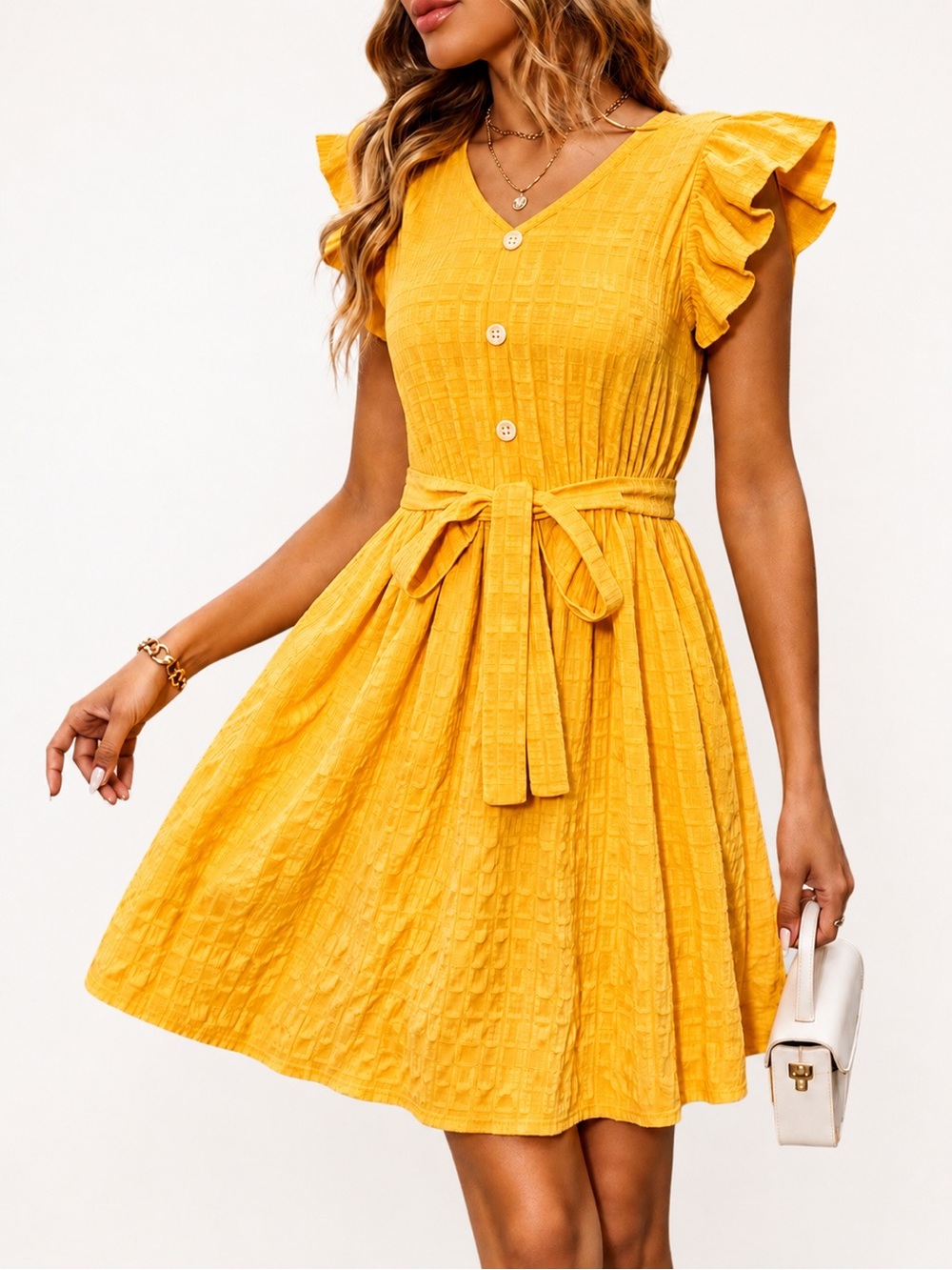 SHEIN Vibrant Yellow Fit & Flare Belted Dress NWOT